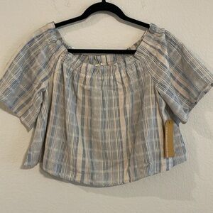 Andree By Unit Women’s Cropped Off Shoulder Top Large Blue Cream Chambray Cotton